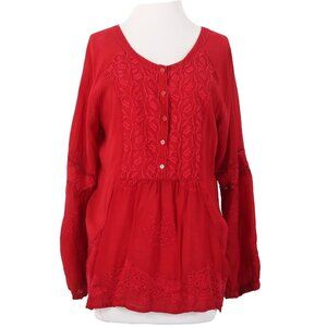 Johnny Was Top Sz M Red Embroidered Sheer Half Buttons 100% Cupio Rayon Top